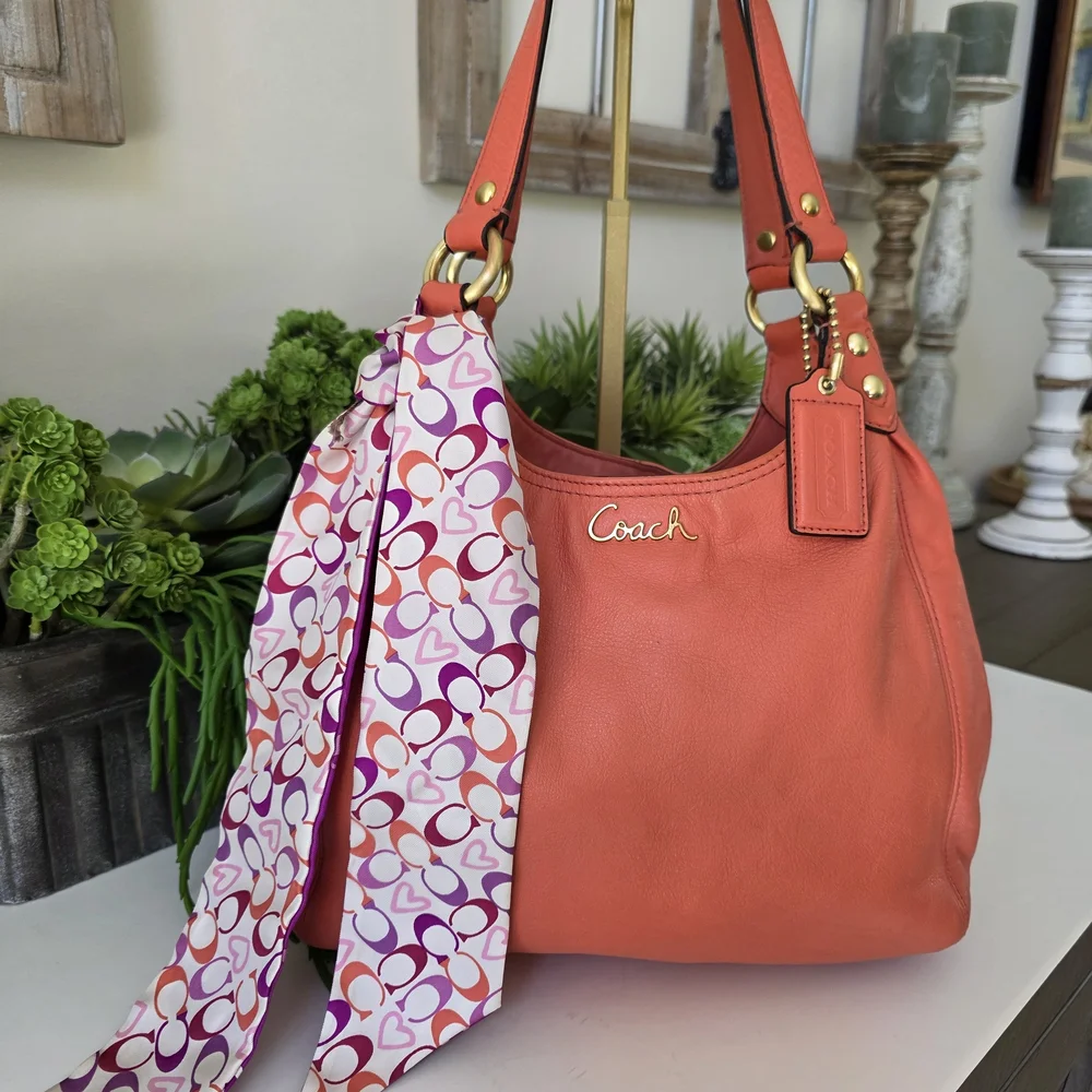 Coach Ashley Leather Hobo Bag Tea Rose/Coral + NWT Coach 100% Silk Twilly - Picture 1 of 16